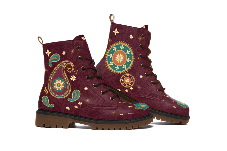 Paisley Leather Boots pair, front three-quarter view, white background
