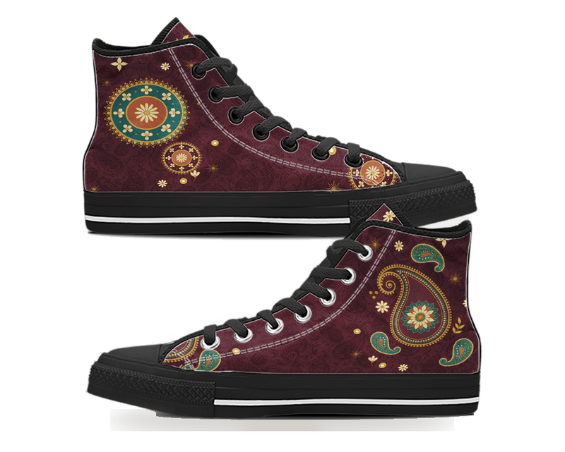Paisley high top sneakers, pair angled side by side on a plain ground