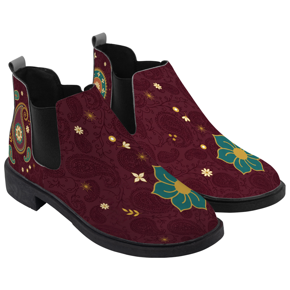 Paisley Chelsea Boots, pair in three-quarter view, deep wine paisley with a teal flower toe, white background