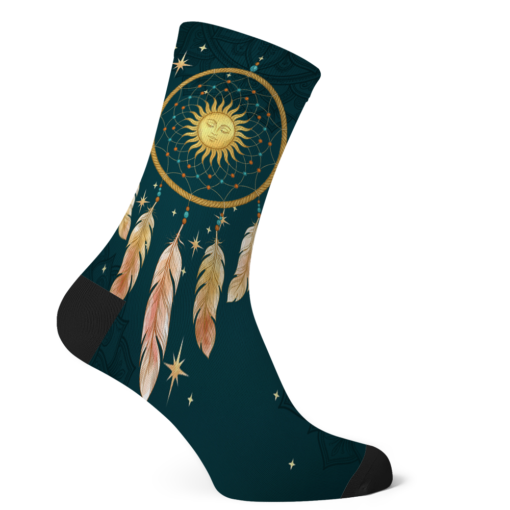 Willow Socks mockup - gold rope dreamcatcher with a sun face at the centre of a beaded web, feathers hanging below on beaded threads, on deep teal with a tone-on-tone mandala, black toe and heel