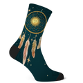 Willow Socks mockup - gold rope dreamcatcher with a sun face at the centre of a beaded web, feathers hanging below on beaded threads, on deep teal with a tone-on-tone mandala, black toe and heel