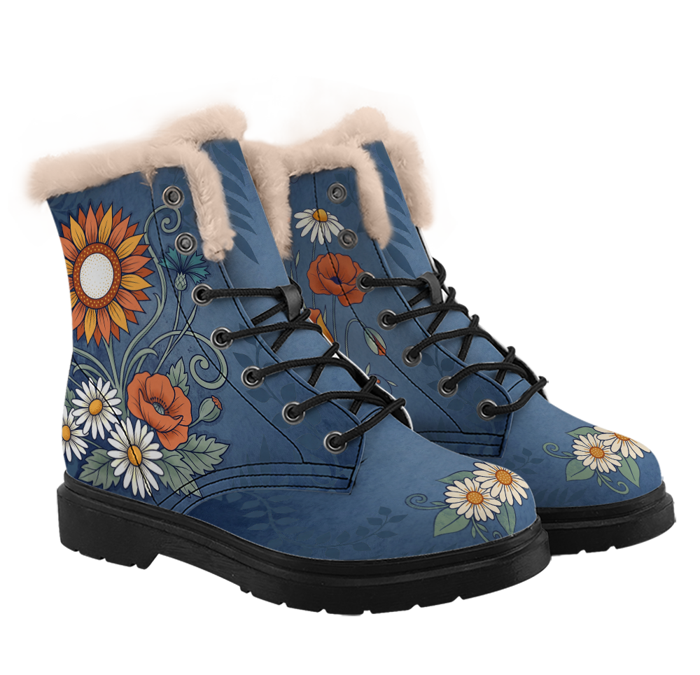 Daisy Winter Boots mockup - three-quarter view of the pair, cream plush trim round each collar, black laces through open eyelets with two solid studs above, a rust and gold sunflower under the trim on one side with a teal cornflower, an orange-red poppy and white daisies below it, and cream-white daisies across each toe on washed denim blue.