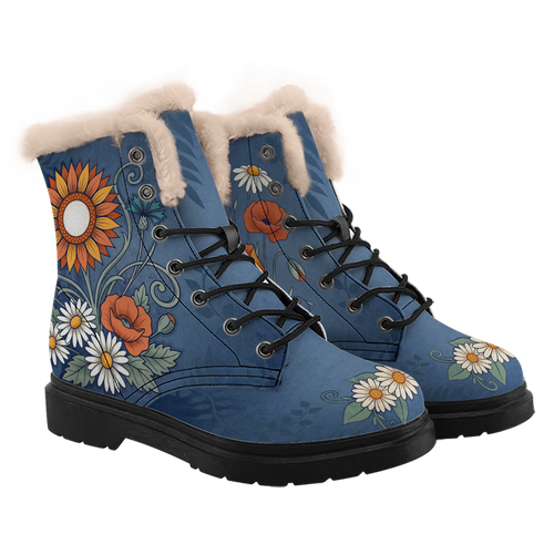 Daisy Winter Boots mockup - three-quarter view of the pair, cream plush trim round each collar, black laces through open eyelets with two solid studs above, a rust and gold sunflower under the trim on one side with a teal cornflower, an orange-red poppy and white daisies below it, and cream-white daisies across each toe on washed denim blue.