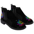 Iris Chelsea Boots, pair in three-quarter view, black with a rainbow lotus toe and chakra column, white background