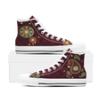Paisley High Top Sneakers with the White sole - both shoes side on, white rubber sole with a black line round the rim, white laces and white toe cap, gold roundels on one shoe and a boteh teardrop on the other over dark wine upper