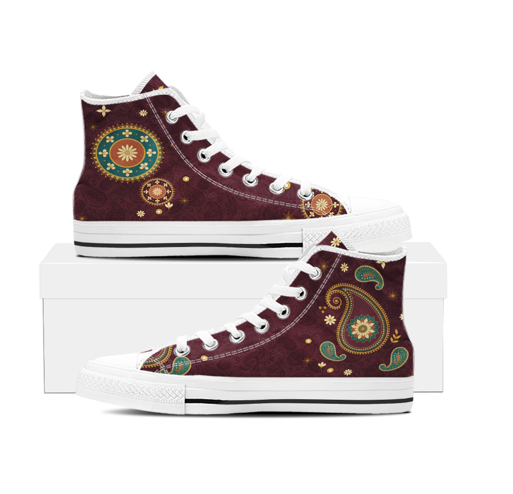 Paisley High Top Sneakers with the White sole - both shoes side on, white rubber sole with a black line round the rim, white laces and white toe cap, gold roundels on one shoe and a boteh teardrop on the other over dark wine upper