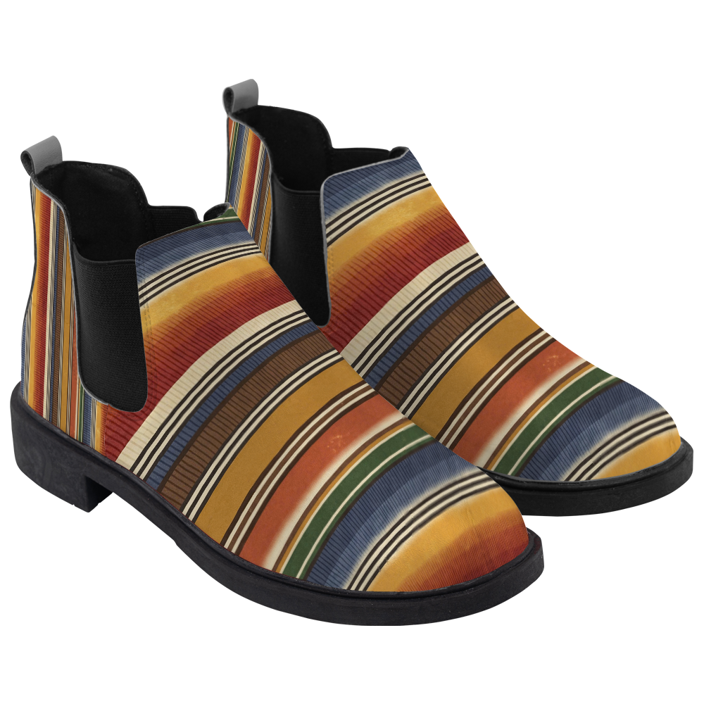 Sedona Chelsea Boots, pair in three-quarter view, multicolor serape stripes in mustard, rust and denim blue, white background