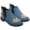 Daisy Chelsea Boots, pair in three-quarter view, washed denim blue with white daisies and poppies, white background
