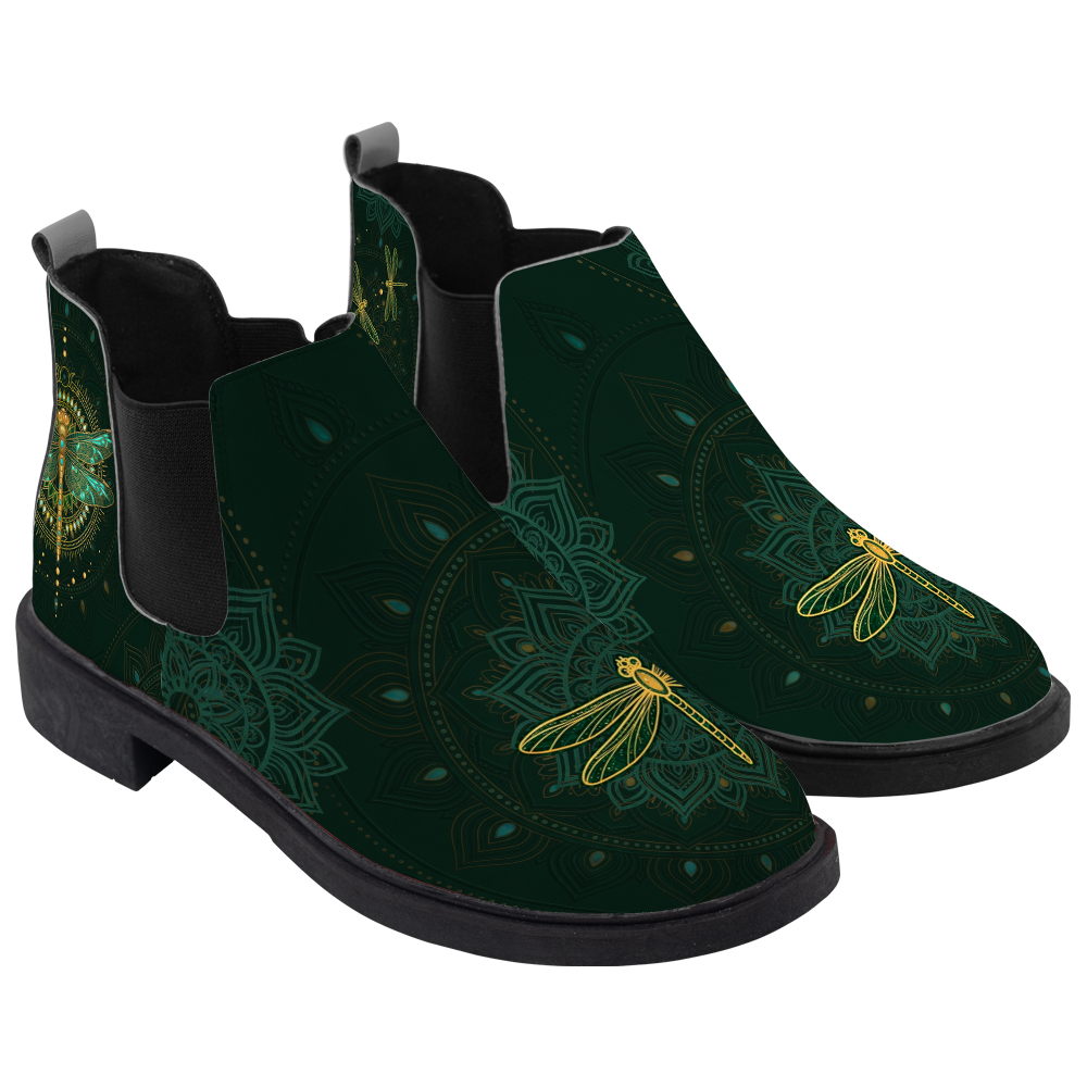 Esme Chelsea Boots, pair in three-quarter view, deep forest green with a gold dragonfly toe, white background