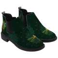 Esme Chelsea Boots, pair in three-quarter view, deep forest green with a gold dragonfly toe, white background