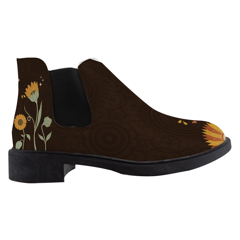 Sunny Chelsea Boots, single boot side view, chocolate brown with a rising sunflower toe, white background