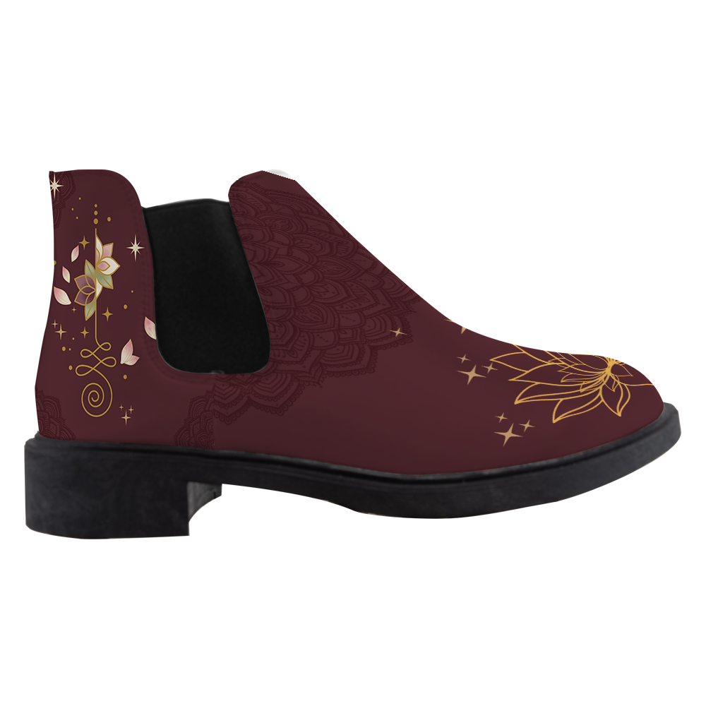 Lotus Chelsea Boots, single boot side view, deep wine with a gold lotus toe and unalome, white background