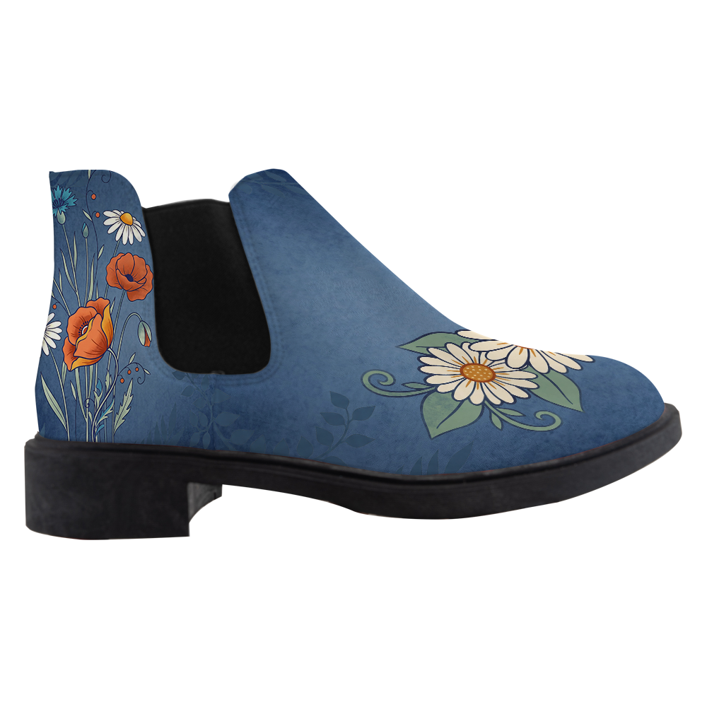 Daisy Chelsea Boots, single boot side view, washed denim blue with white daisies and poppies, white background