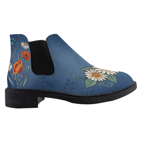 Daisy Chelsea Boots, single boot side view, washed denim blue with white daisies and poppies, white background