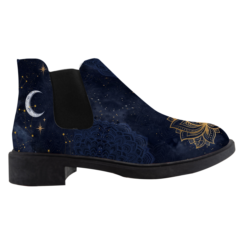 Celeste Chelsea Boots, single boot side view, midnight navy sky with a gold lotus toe, white background