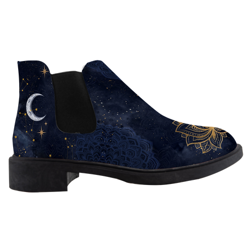 Celeste Chelsea Boots, single boot side view, midnight navy sky with a gold lotus toe, white background