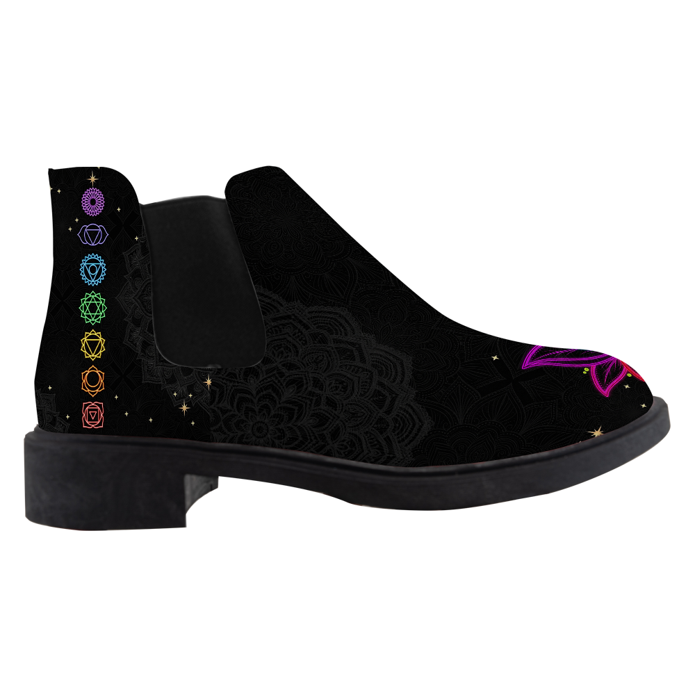 Iris Chelsea Boots, single boot side view, black with a rainbow lotus toe and chakra column, white background