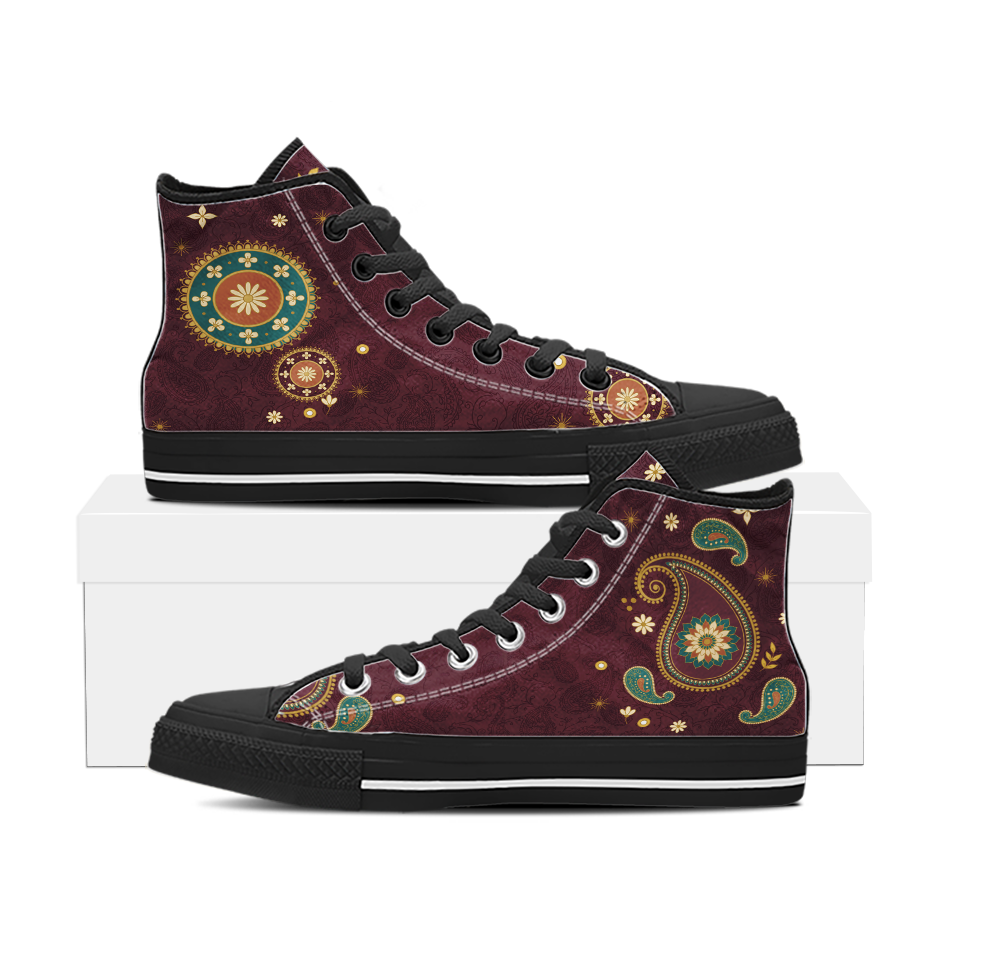 Paisley High Top Sneakers with the Black sole - both shoes side on, black sole with a white line round the rim, black laces and black toe cap, gold roundels on one shoe and a boteh teardrop on the other over dark wine upper