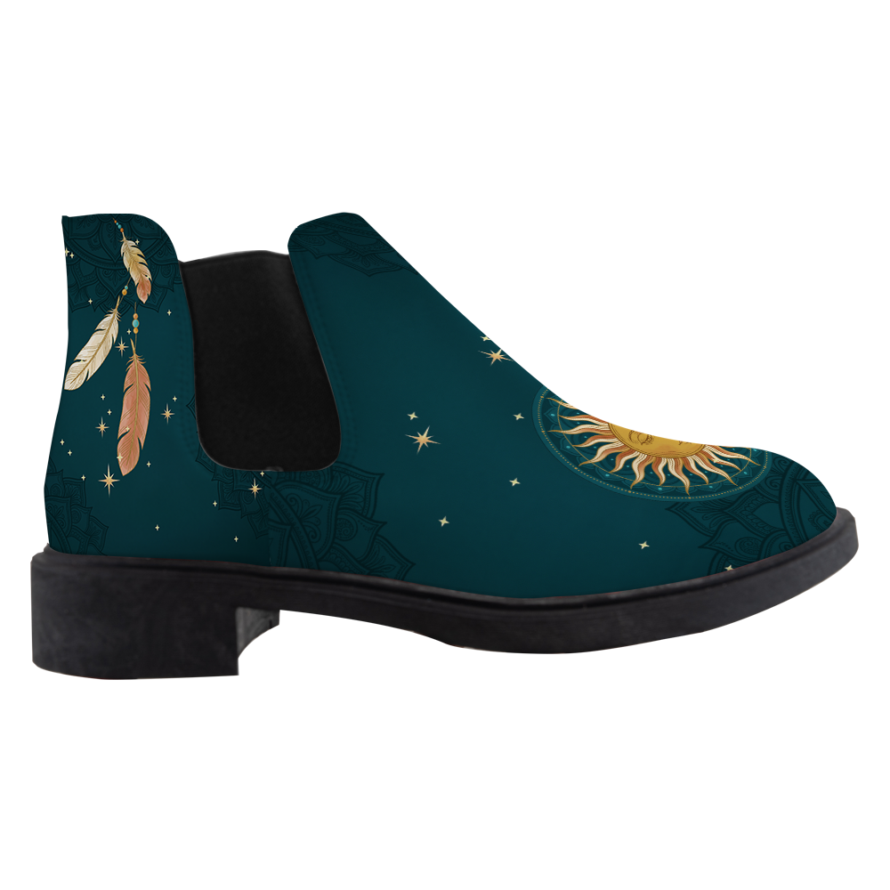 Willow Chelsea Boots, single boot side view, deep teal with a gold sun face toe and dreamcatcher, white background