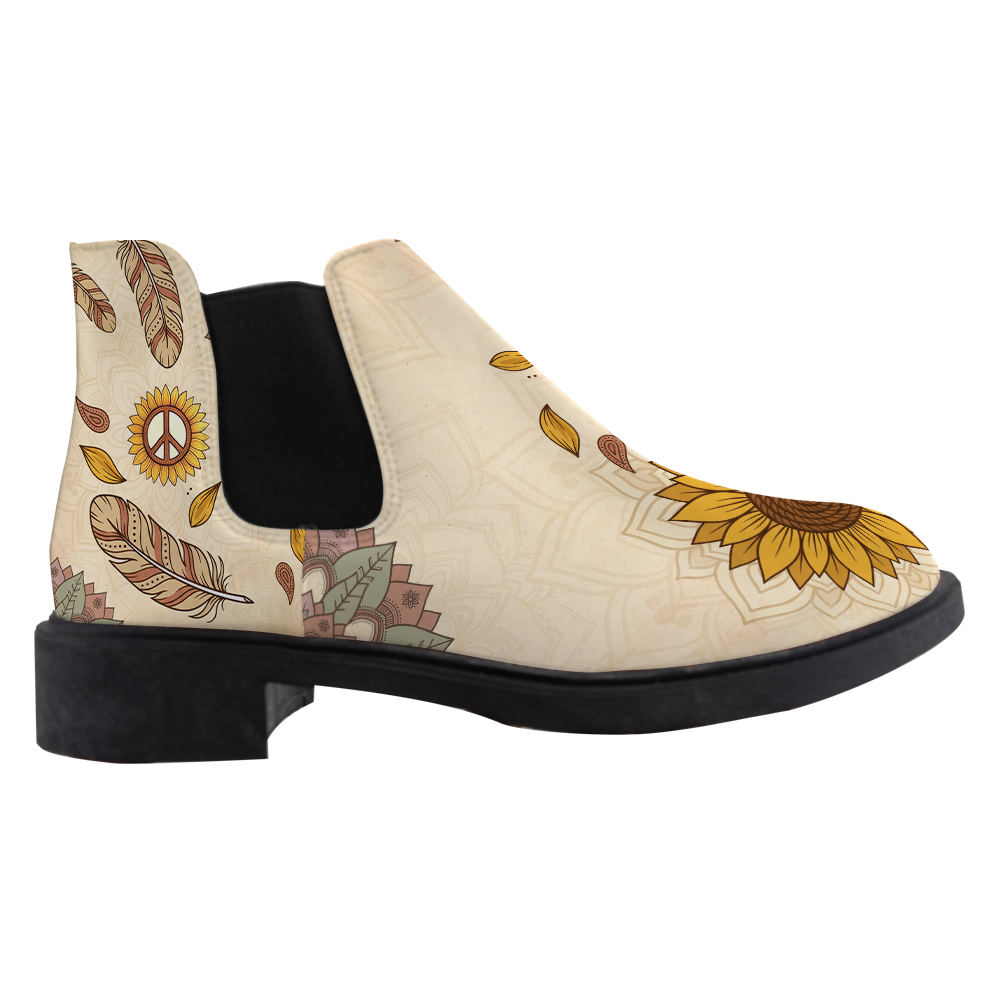 Joni Chelsea Boots, single boot side view, warm cream with a sunflower toe and peace sign, white background