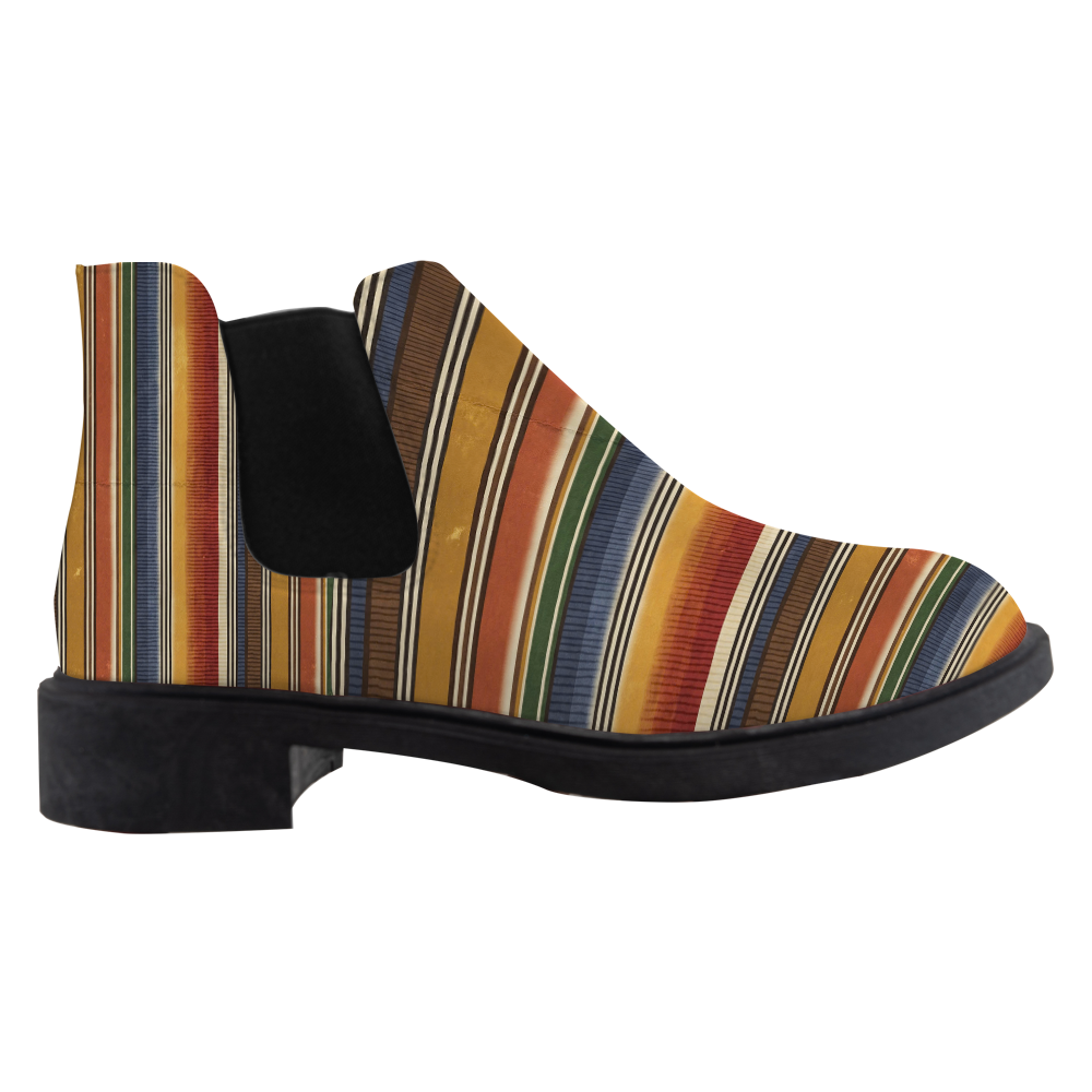 Sedona Chelsea Boots, single boot side view, multicolor serape stripes in mustard, rust and denim blue, white background