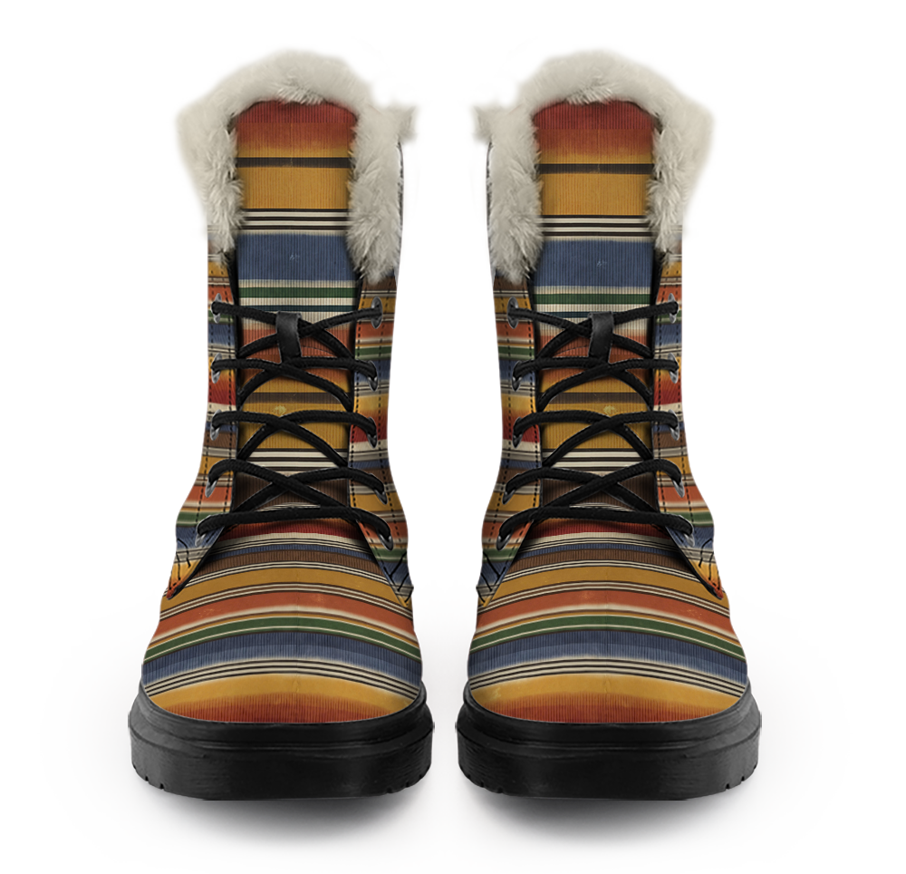 Sedona Winter Boots mockup - straight-on front view of the pair, crosswise serape bands in rust, mustard, denim blue and olive green over the tongue and toe with cream hairlines between them, a pale plush ring round the top of each shaft, black laces crossing five eyelets on each boot.