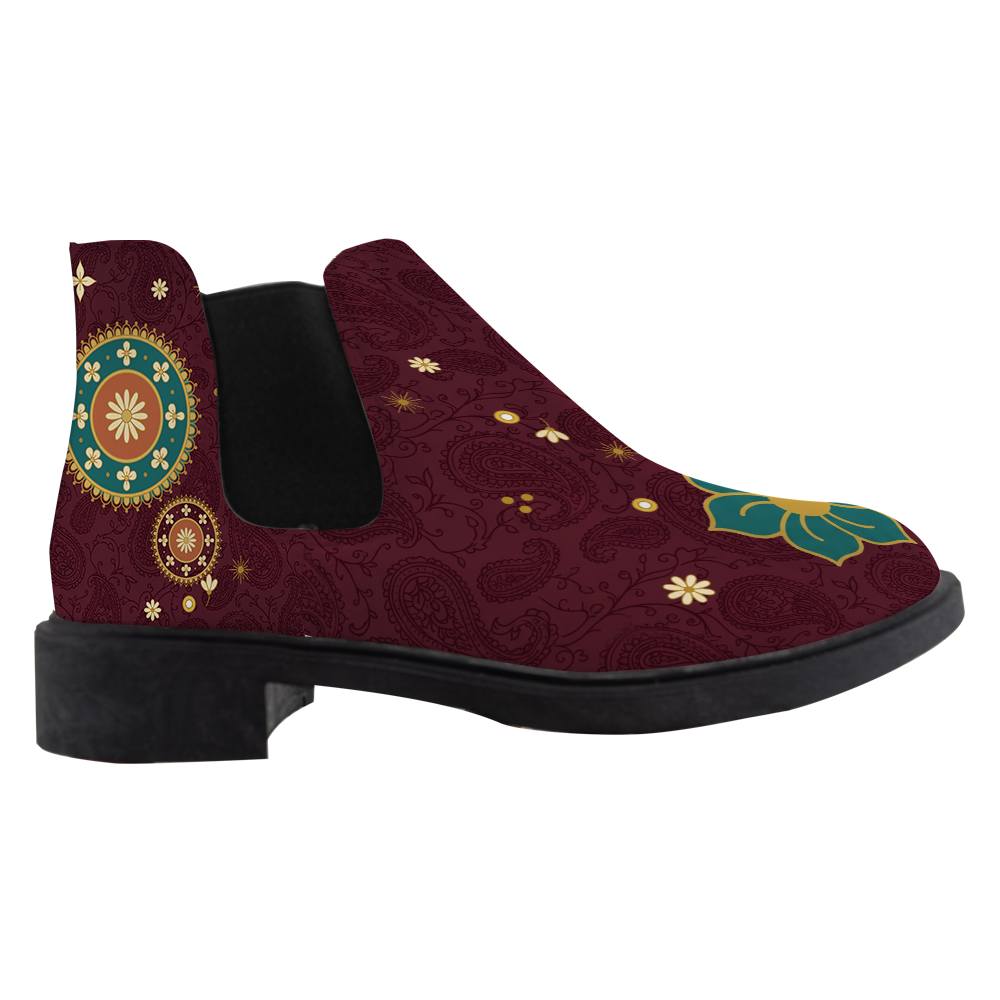 Paisley Chelsea Boots, single boot side view, deep wine paisley with a teal flower toe, white background