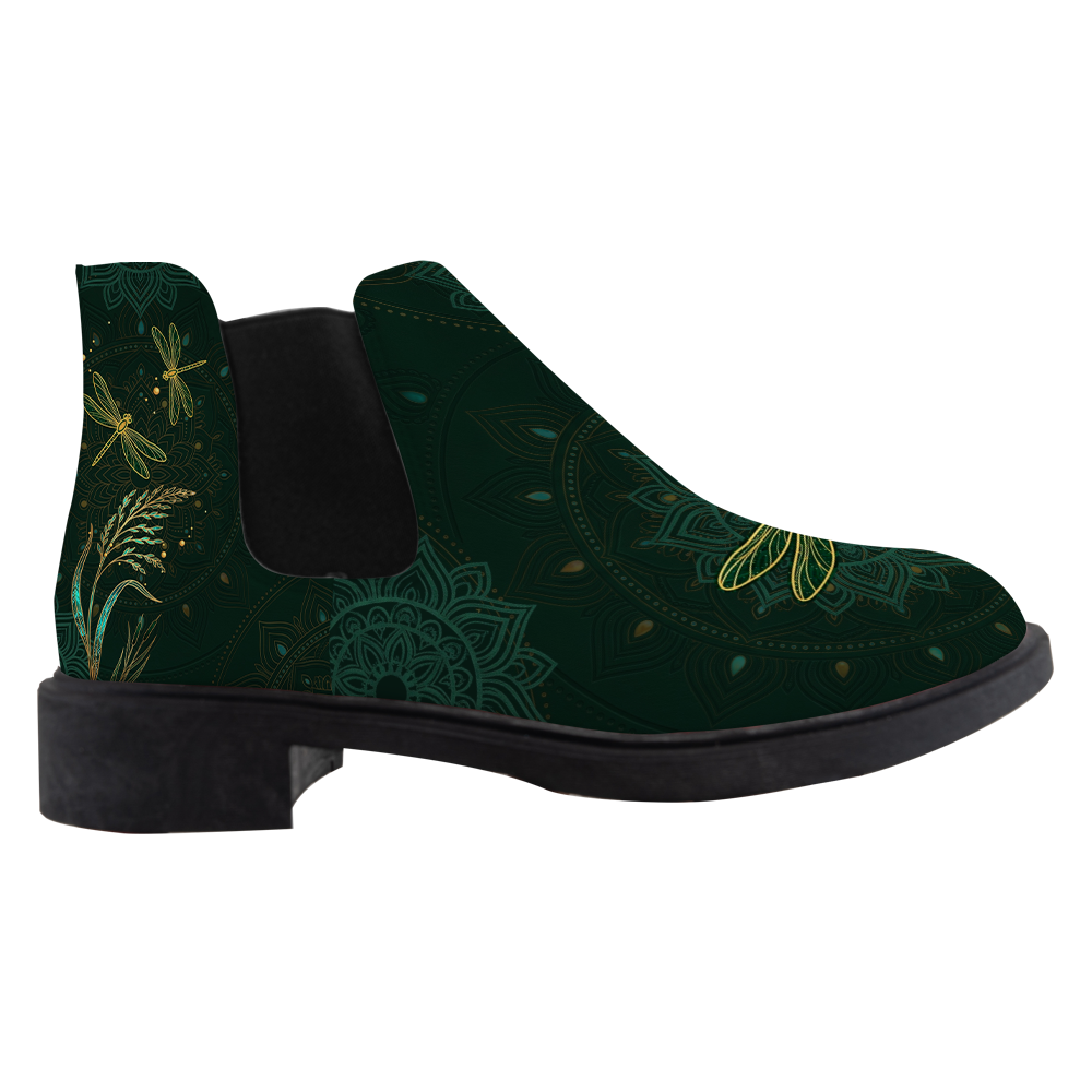 Esme Chelsea Boots, single boot side view, deep forest green with a gold dragonfly toe, white background