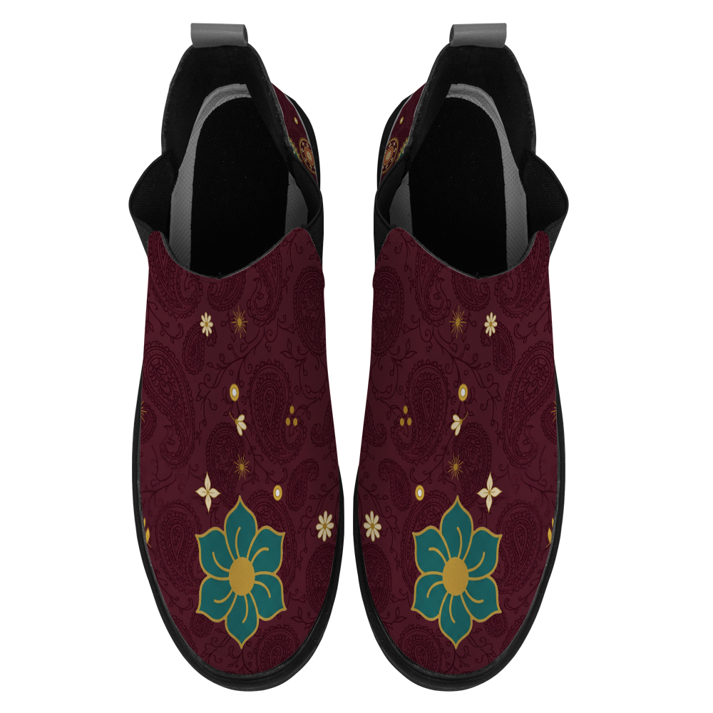Paisley Chelsea Boots, pair from above showing the toe artwork, white background