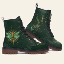 Forest green boots with a teal and gold dragonfly resting on a round mandala