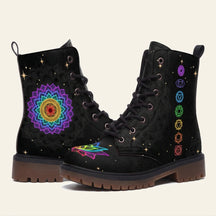 Black boots with a neon rainbow mandala, a column of seven chakra symbols and a lotus on the toe