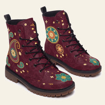 Wine red boots with gold and teal paisley teardrops and round floral medallions
