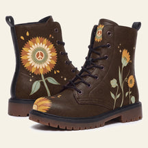 Chocolate brown boots with a large sunflower whose center is a peace sign