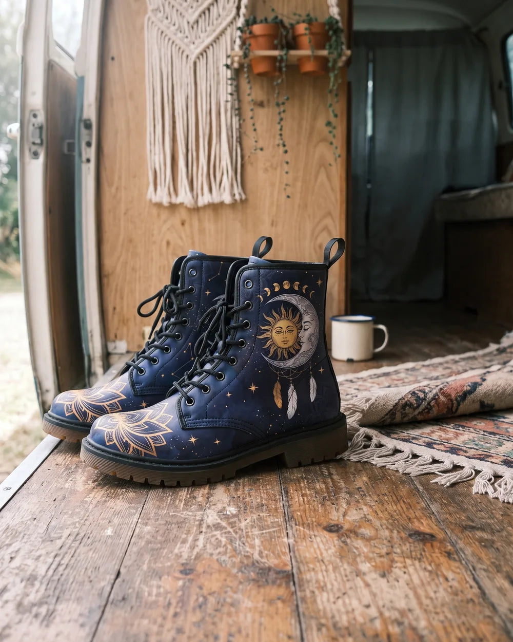 Navy sun and moon boots on wood decking outside an open camper van, macrame and an enamel mug behind them