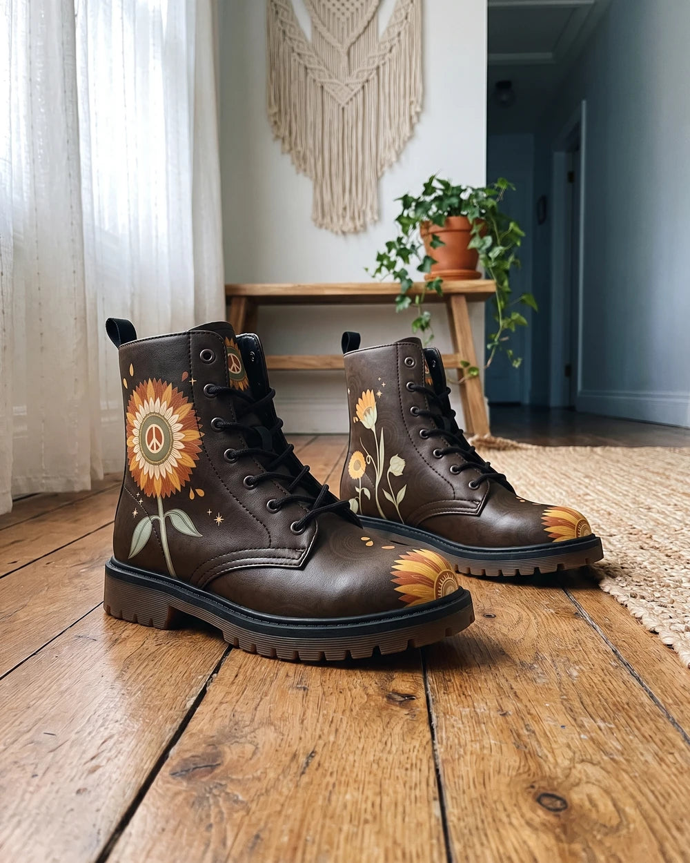 Chocolate brown sunflower boots on a wooden hallway floor below a macrame hanging and potted plants
