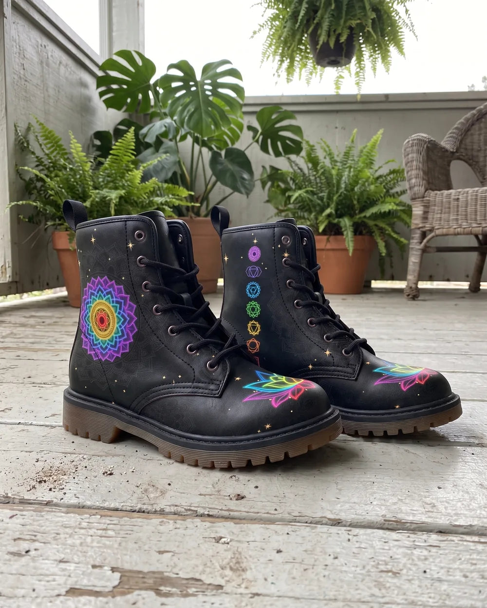 Black boots with a neon mandala and a chakra column, on a porch deck among ferns and a wicker chair