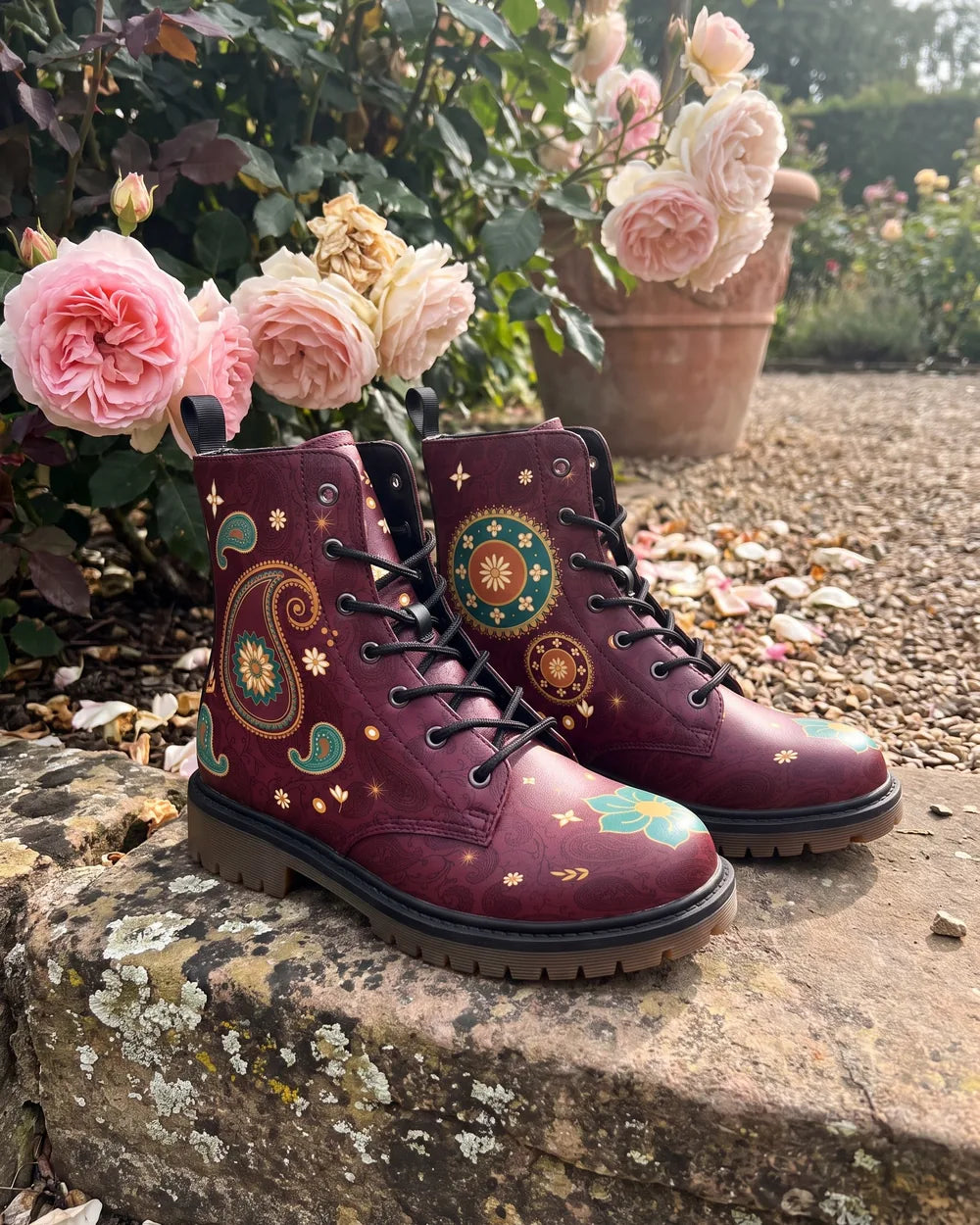 Wine red paisley boots on a mossy stone wall in front of pink garden roses