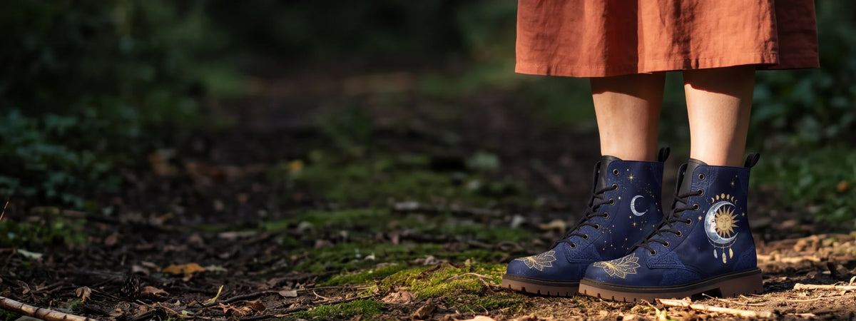 Sun and moon boots worn on a mossy forest path at dusk, under the rust linen hem of a long skirt