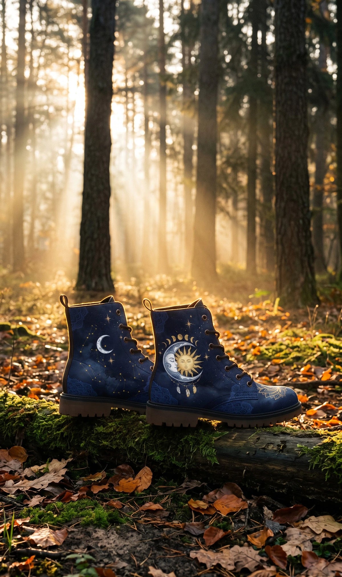 Navy sun and moon boots standing on a mossy tree stump in a misty pine forest