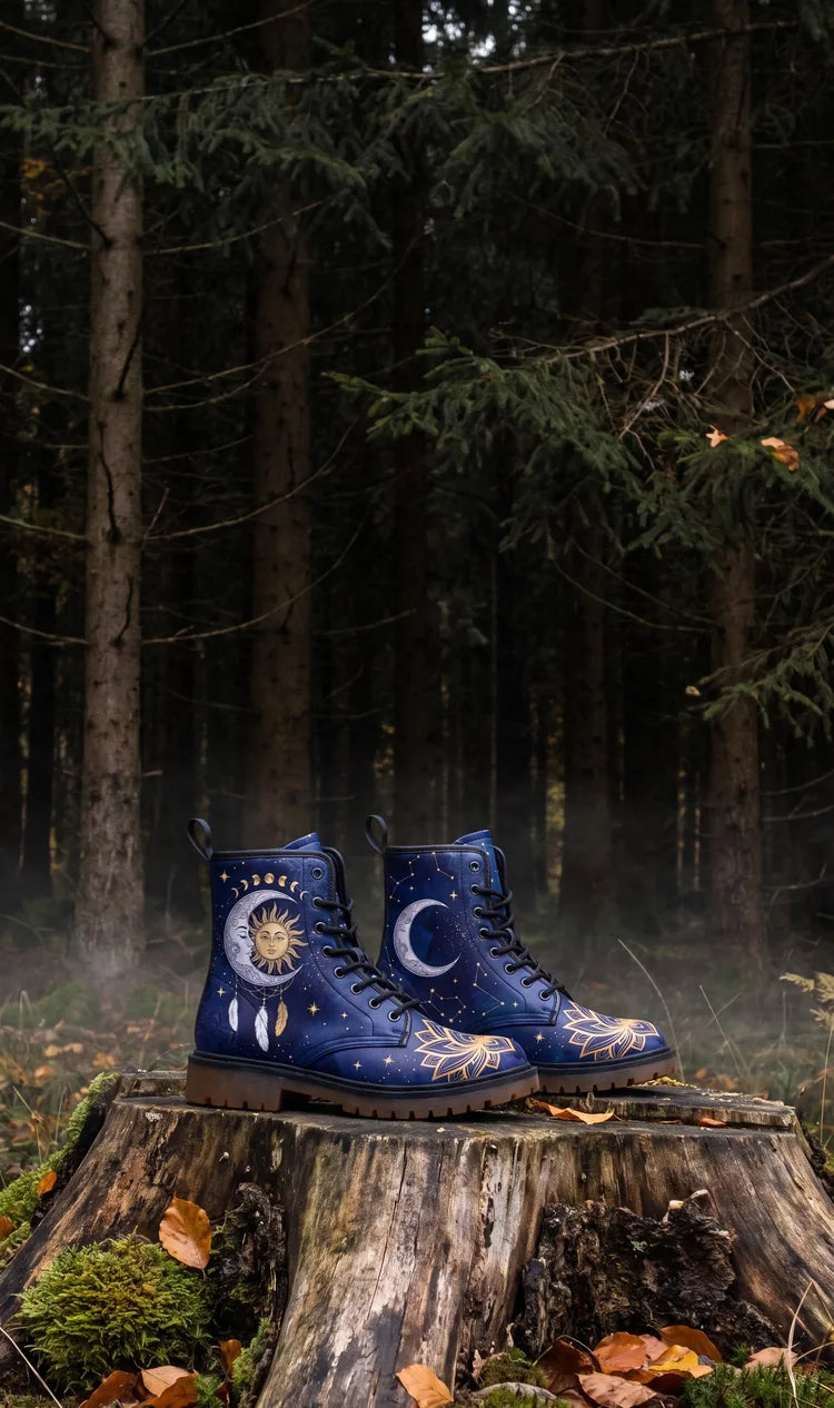 Navy sun and moon boots standing on a mossy tree stump in a misty pine forest