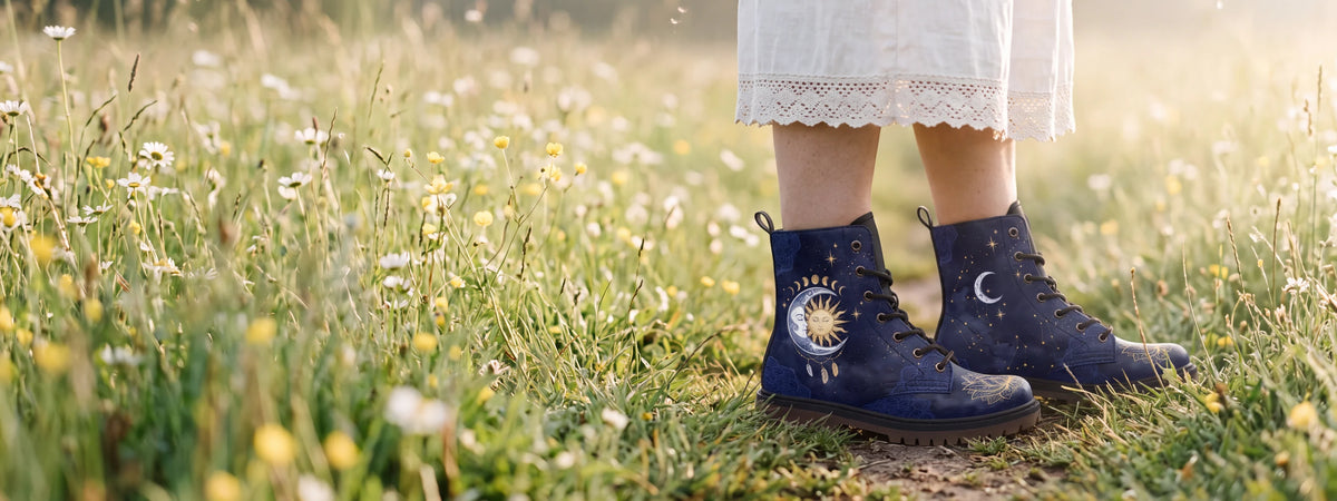 Navy sun and moon boots worn on a footpath through a sunlit wildflower meadow, under the lace hem of an ivory linen skirt