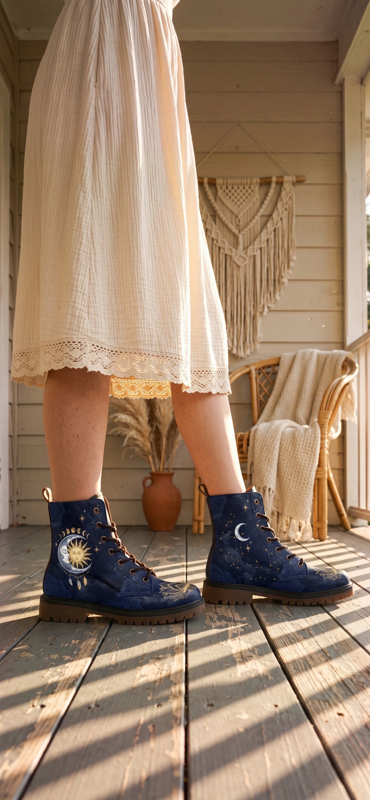 Navy sun and moon boots worn on a meadow path in early morning light, under the lace hem of an ivory linen skirt