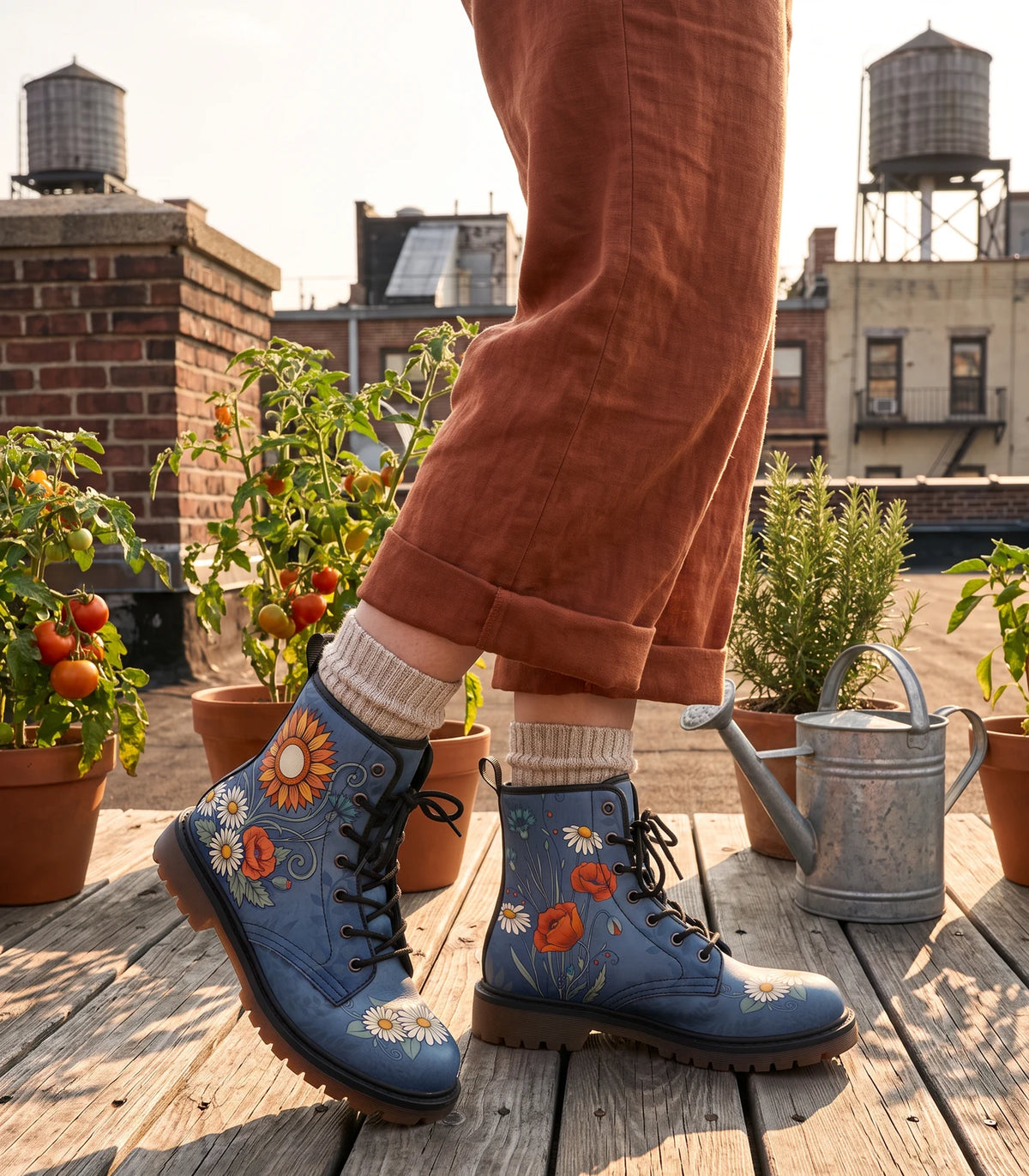 Denim blue sunflower and daisy boots worn on a rooftop tomato garden at sunset, watering can and herbs nearby