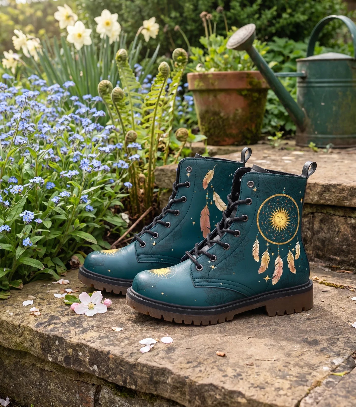 Teal dreamcatcher boots on a stone step among forget-me-nots, daffodils and an old watering can