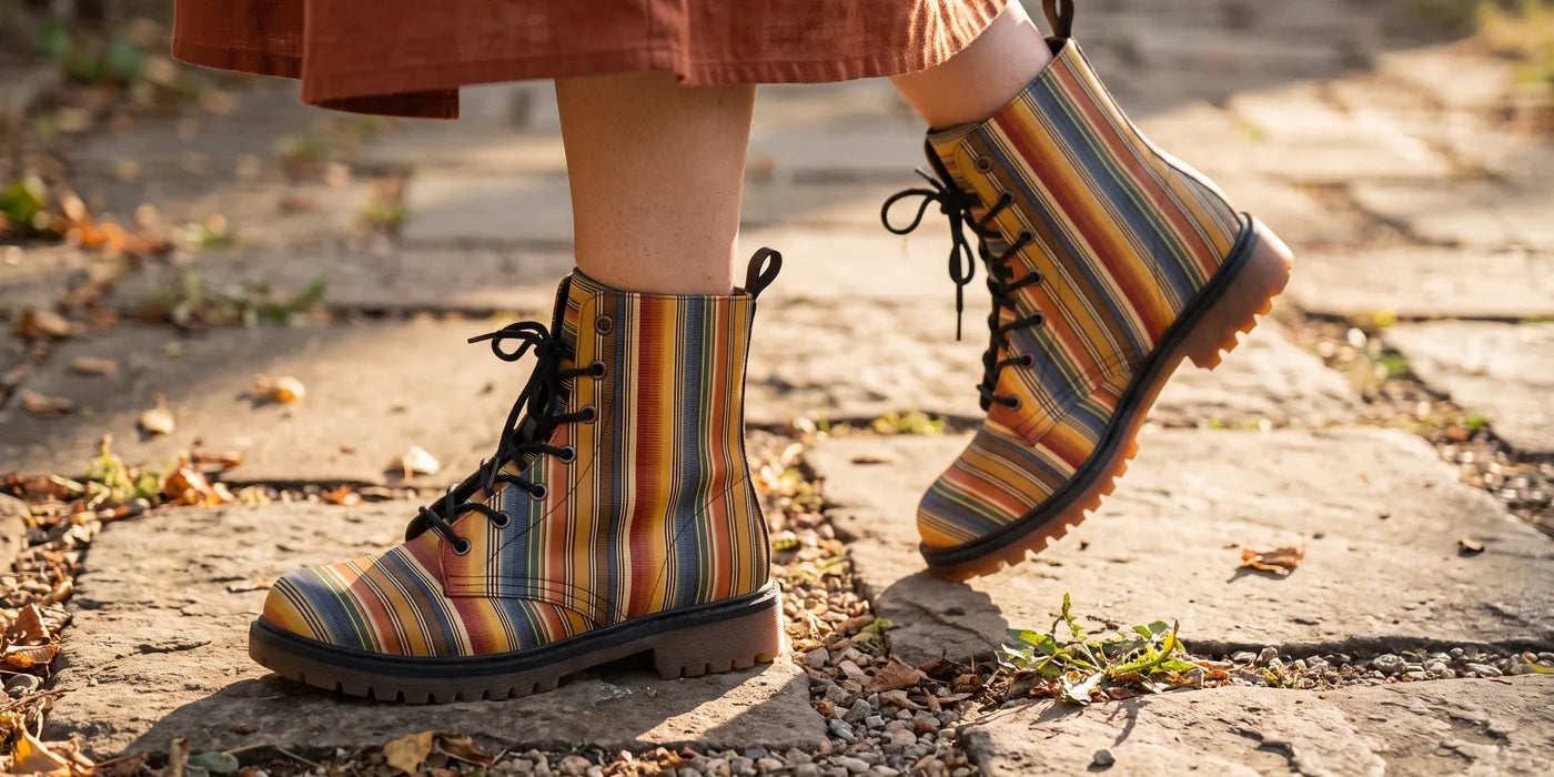 Striped serape boots worn mid-step on a sunlit stone path scattered with dry leaves