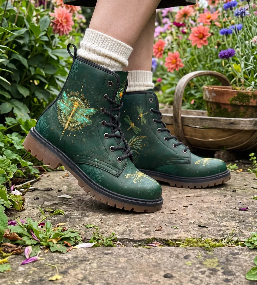 Green dragonfly boots worn with cream slouch socks, standing in a garden bed of dahlias