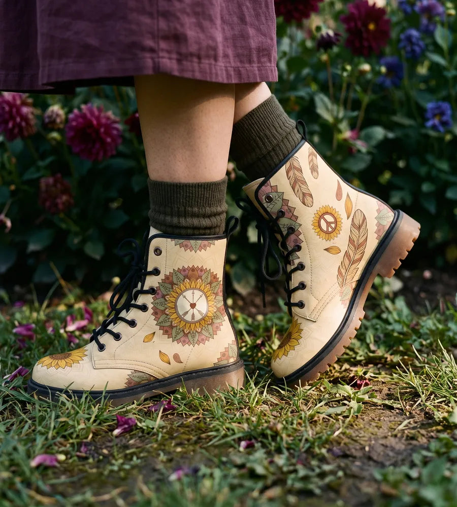 Cream sunflower mandala boots worn with olive slouch socks, standing in grass among dark red dahlias
