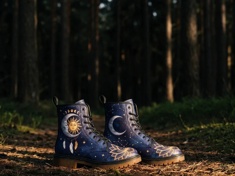 Navy sun and moon boots standing on moss at the edge of a dark pine forest