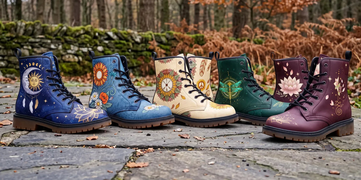 Five pairs lined up on a stone path in autumn woods: navy, denim blue, cream, green and burgundy