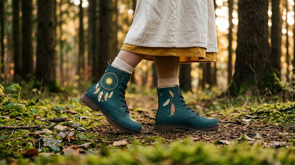 Teal dreamcatcher boots worn with cream socks, mid-step on a mossy forest path in low evening sun